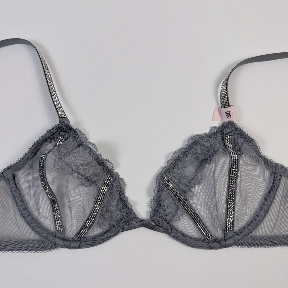 Victoria's Secret Very Sexy Shine Strap Low Cut Demi Lace Bra 34C Gray NWT